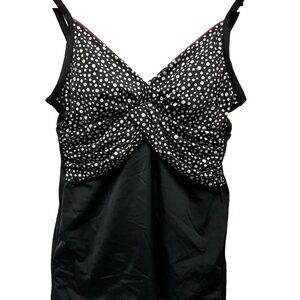 Black/White Skirted Bathing Suit w/ Polka Dot Ruched Bodice